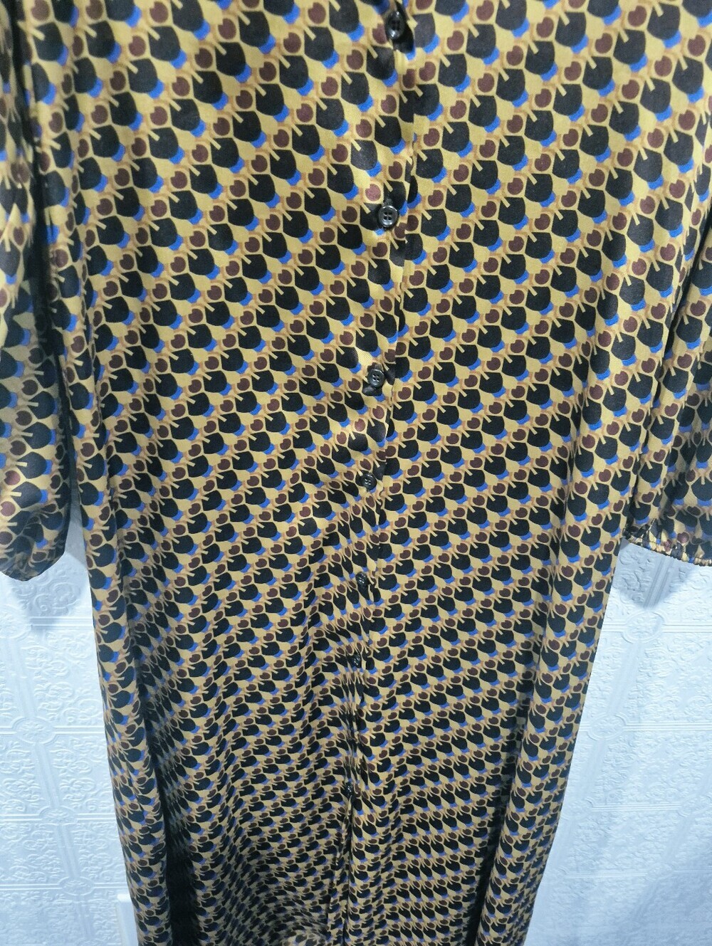 ZARA Geometric Print Long Sleeve Midi Shirt Dress Yellow Black Blue Large L - Picture 5 of 8